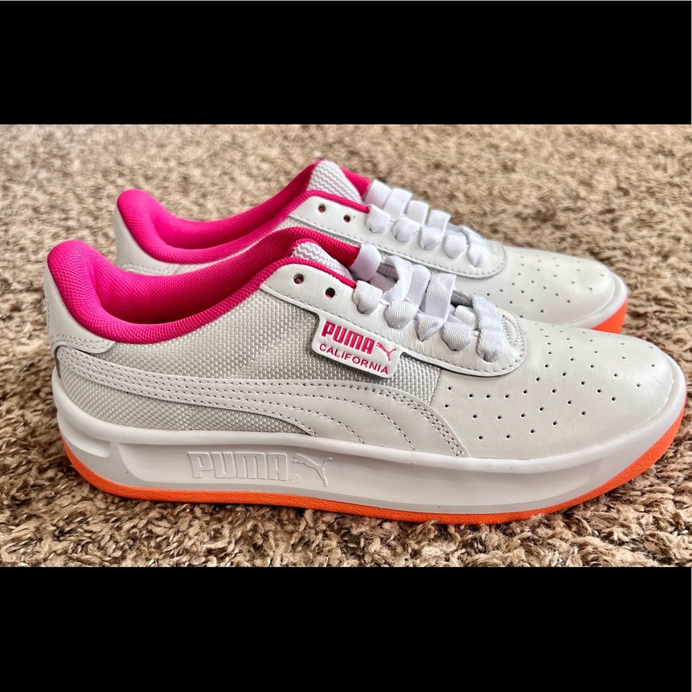 Puma California 371508-01 Casual Leather Shoes White Fuschia Pink Orange Size 6